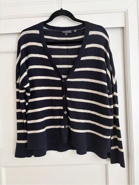 Vince Striped Navy and Cream V-Neck Button Cardigan Sweater